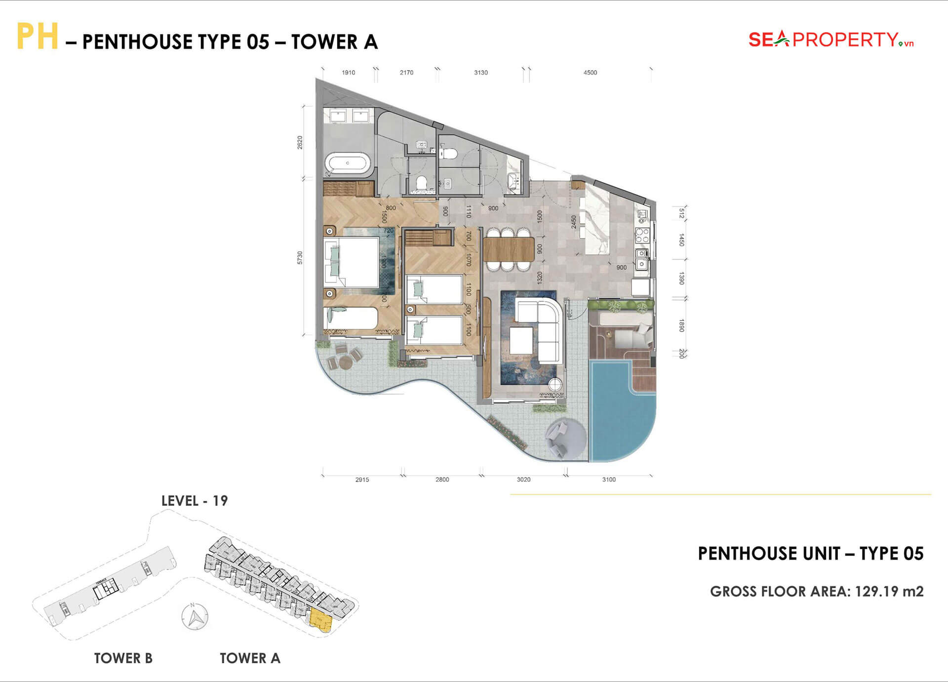Layouts Căn hộ penthouse Ixora Hồ Tràm 2 phòng ngủ: