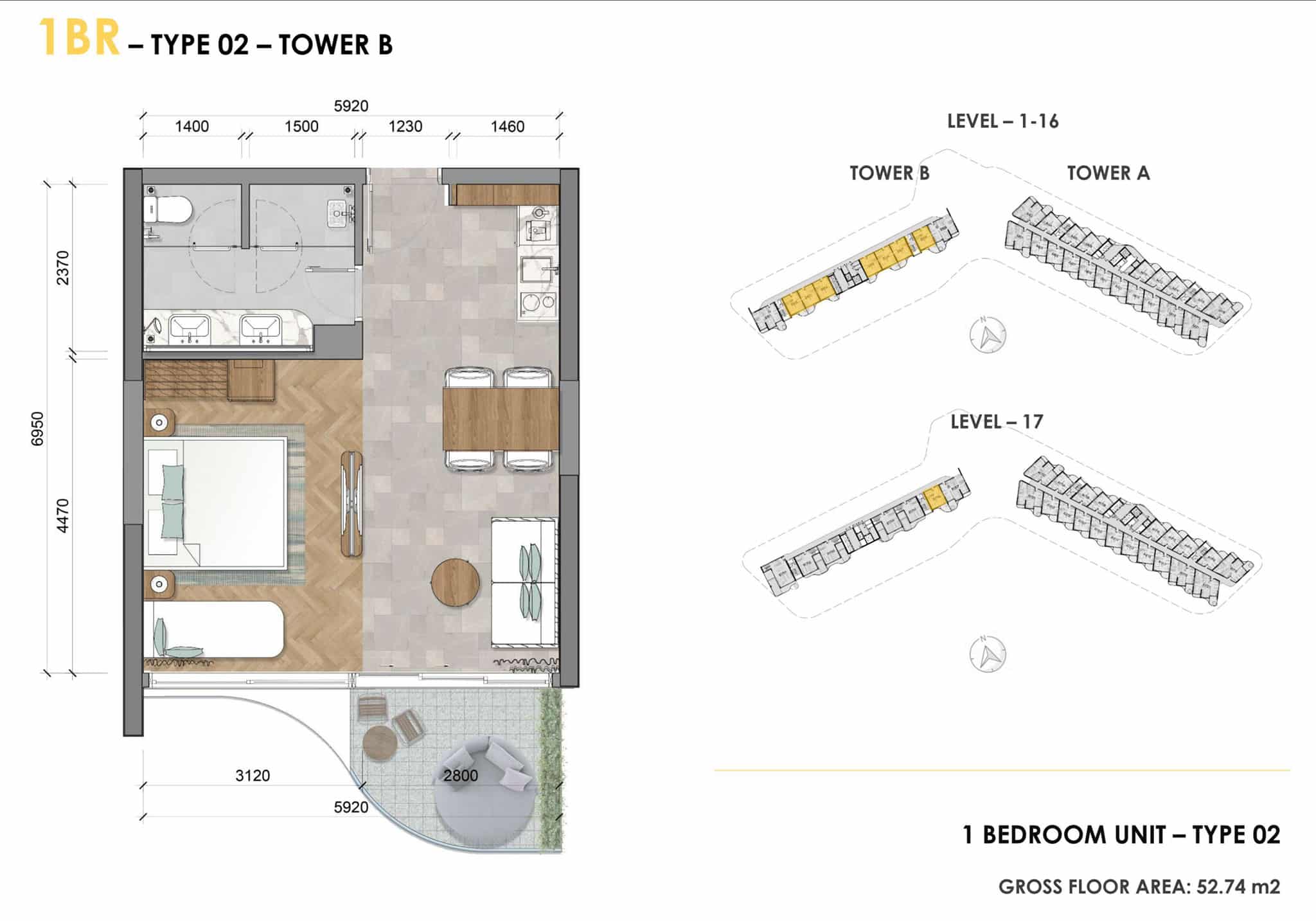 Layout căn hộ Ixora Hồ Tràm 1 phòng ngủ có hồ bơi