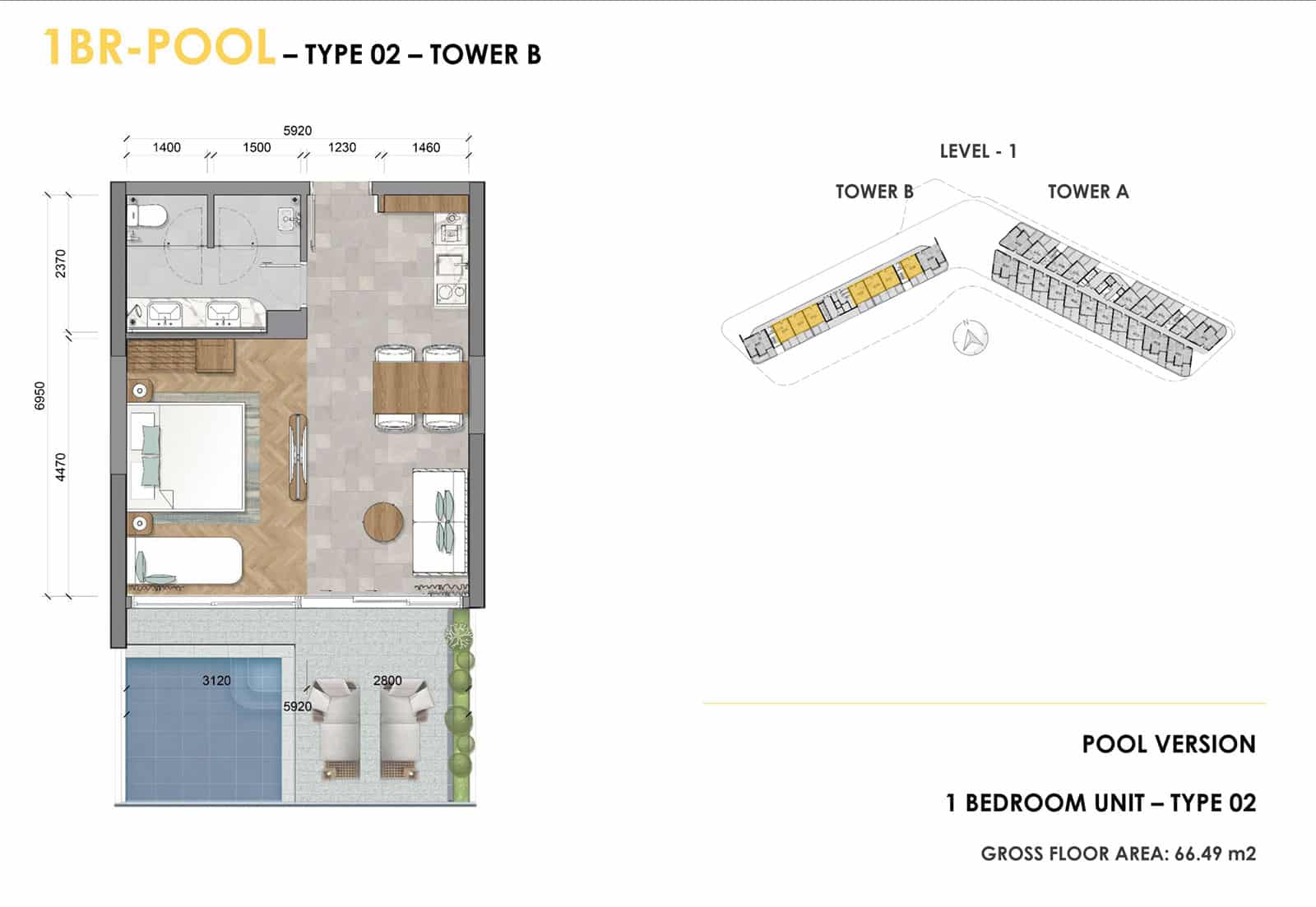 Layout căn hộ Ixora Hồ Tràm 1 phòng ngủ có hồ bơi