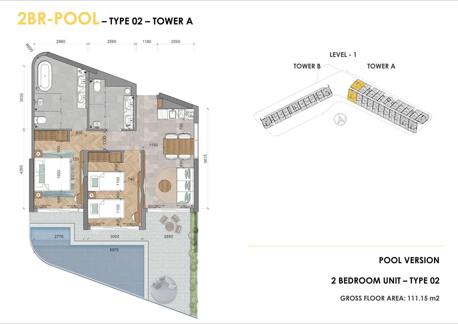 Layout căn hộ Ixora Hồ Tràm 2 phòng ngủ có hồ bơi