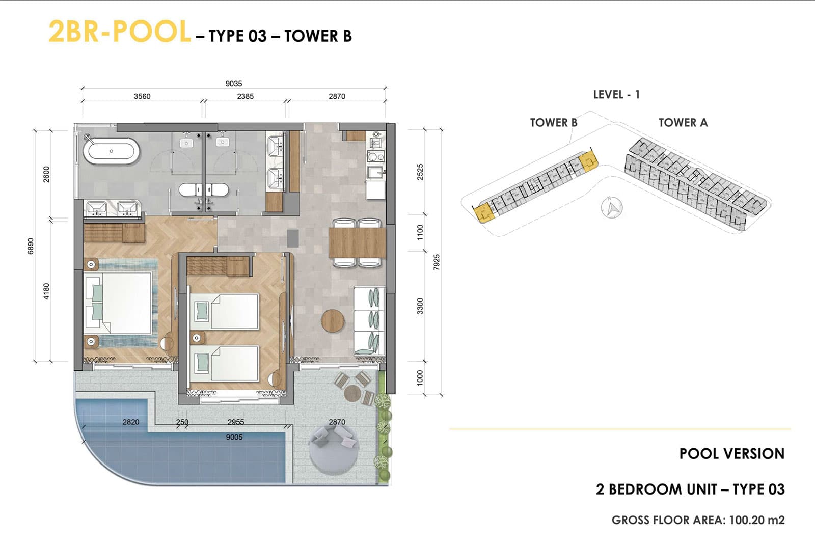 Layout căn hộ Ixora Hồ Tràm 2 phòng ngủ có hồ bơi