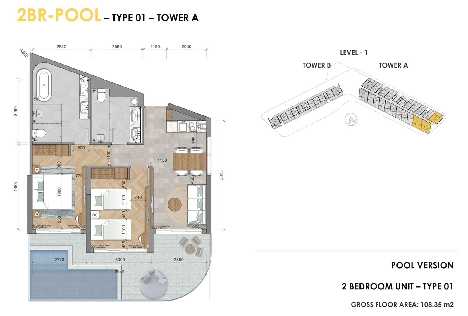 Layout căn hộ Ixora Hồ Tràm 2 phòng ngủ có hồ bơi