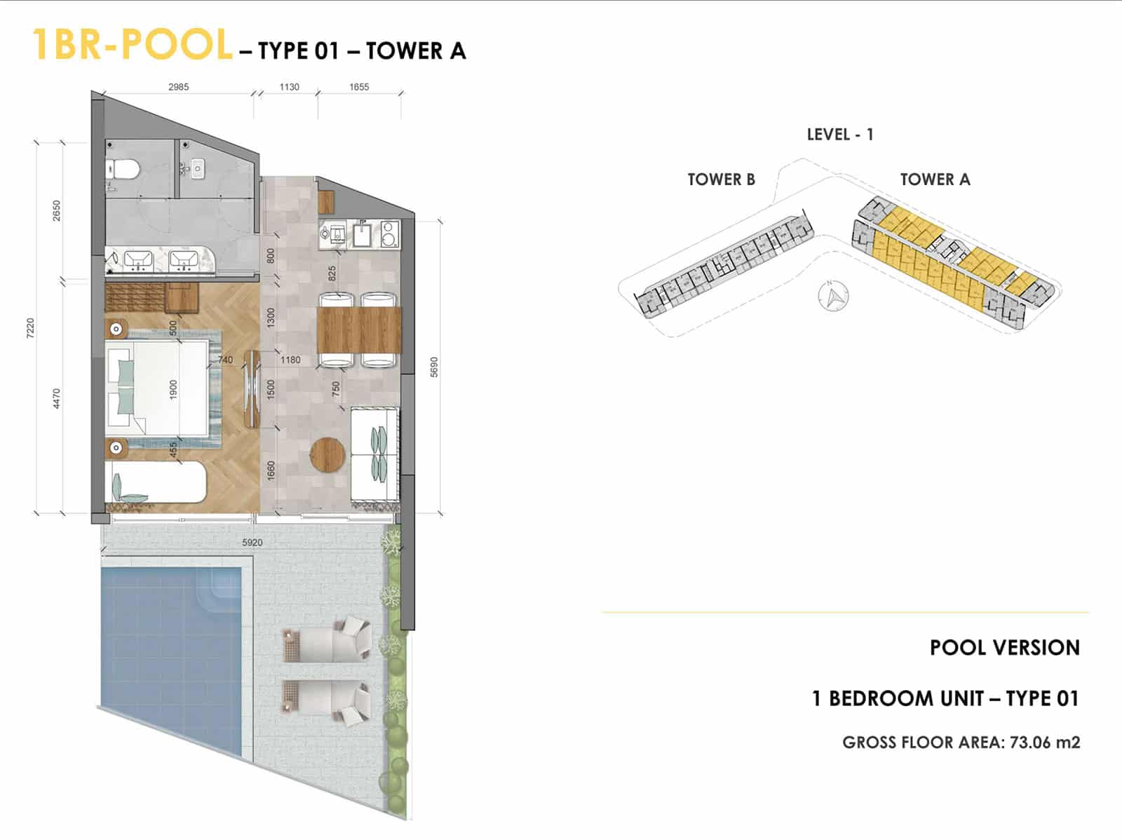 Layout căn hộ Ixora Hồ Tràm 1 phòng ngủ có hồ bơi