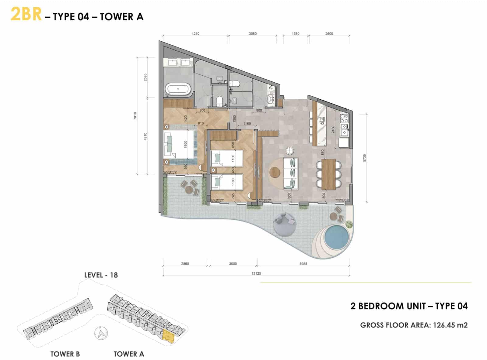 Layout căn hộ Ixora Hồ Tràm 2 phòng ngủ có bồn jacuzzi 