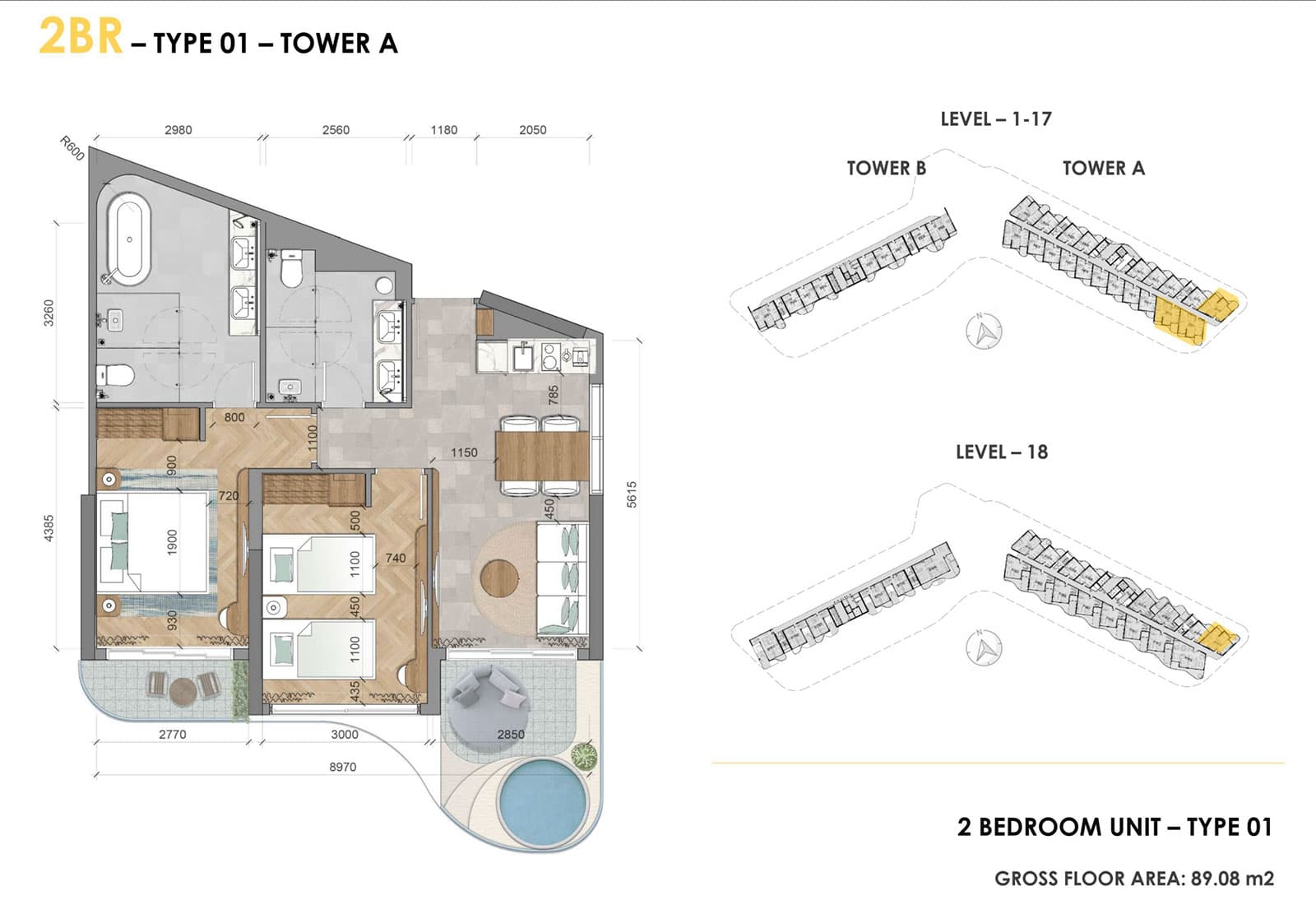 Layout căn hộ Ixora Hồ Tràm 2 phòng ngủ có bồn jacuzzi 