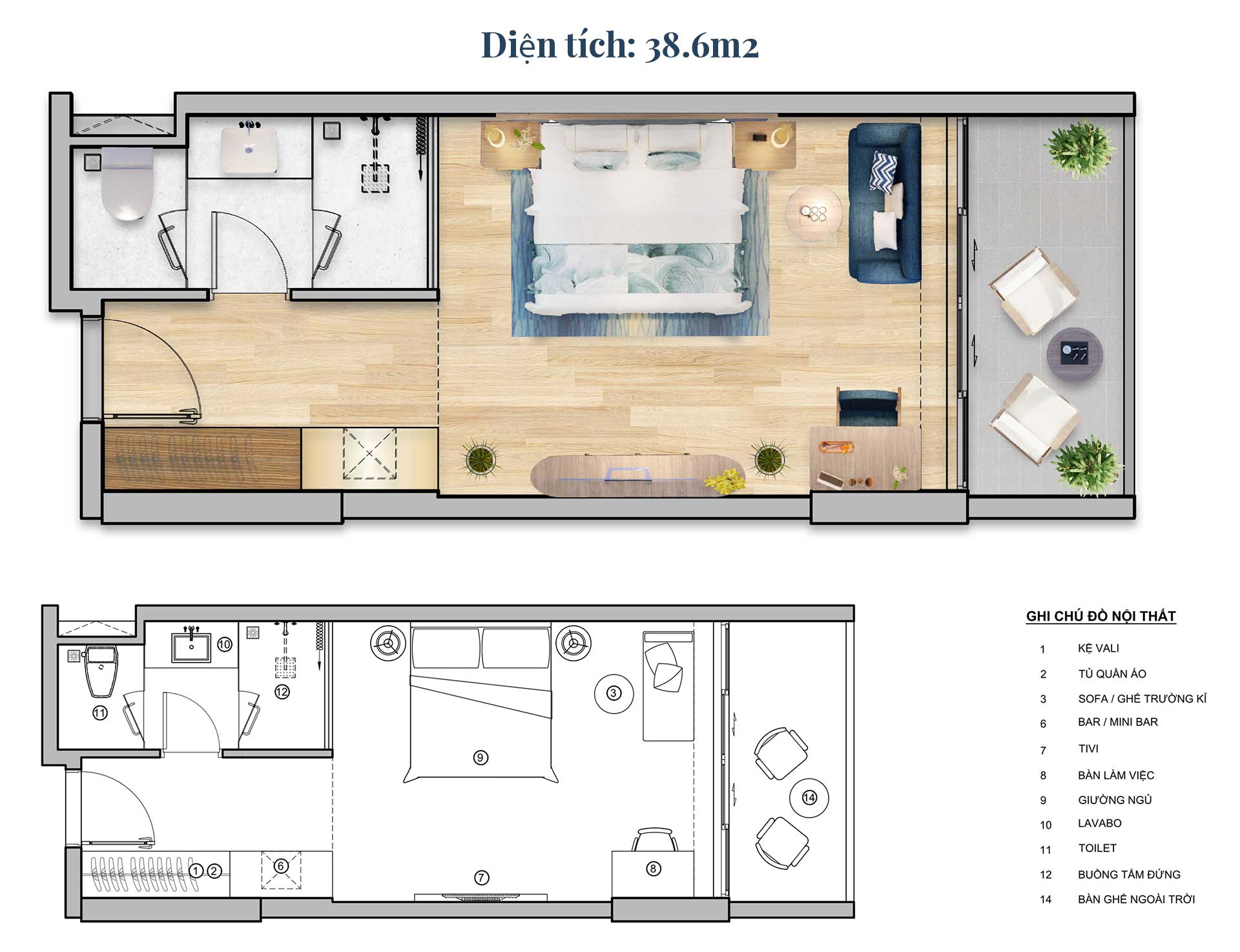 Căn hộ studio 38.6m2 Charm Long Hải Resort