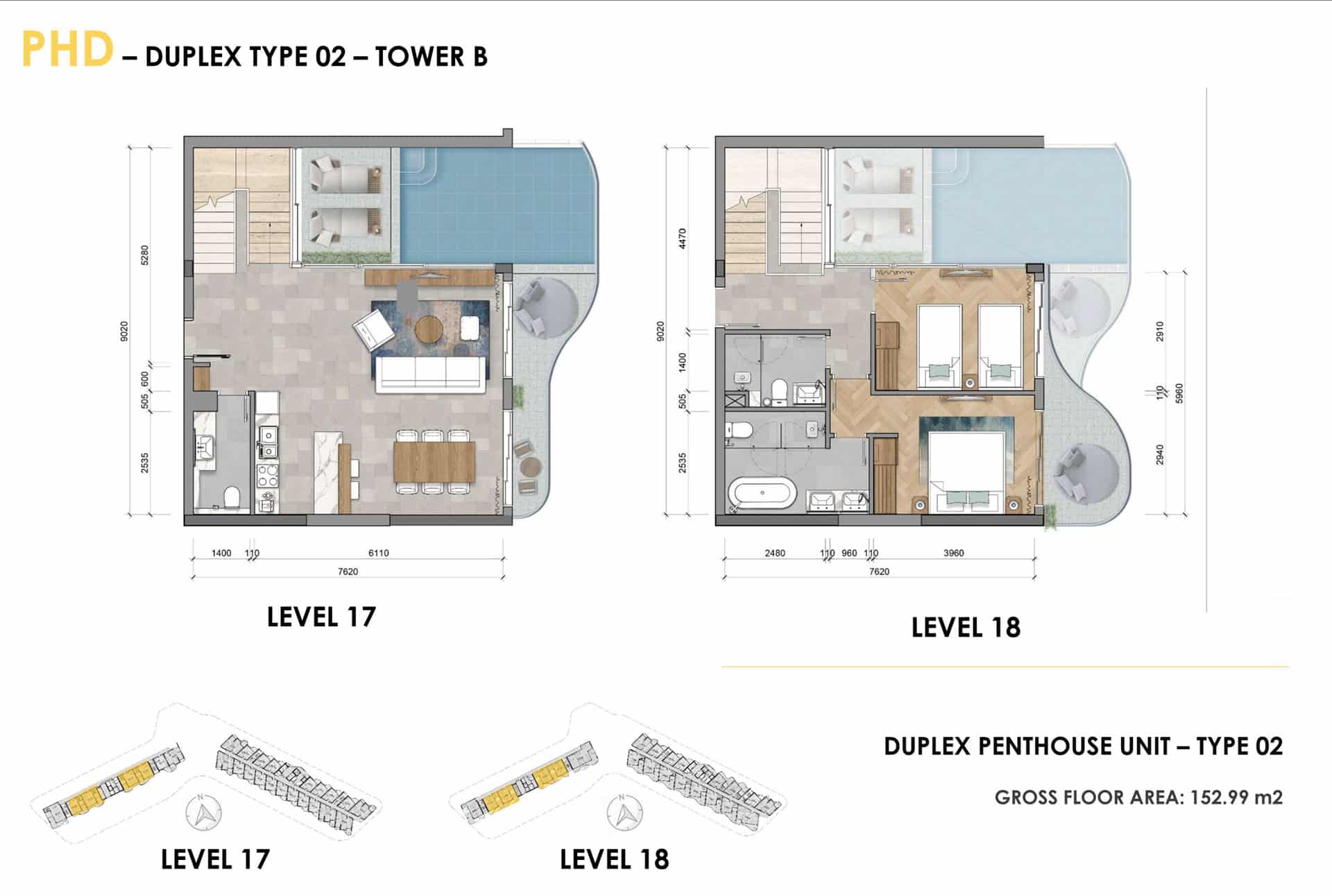 Layout duplex penthouse Ixora Hồ Tràm 2 phòng ngủ có hồ bơi