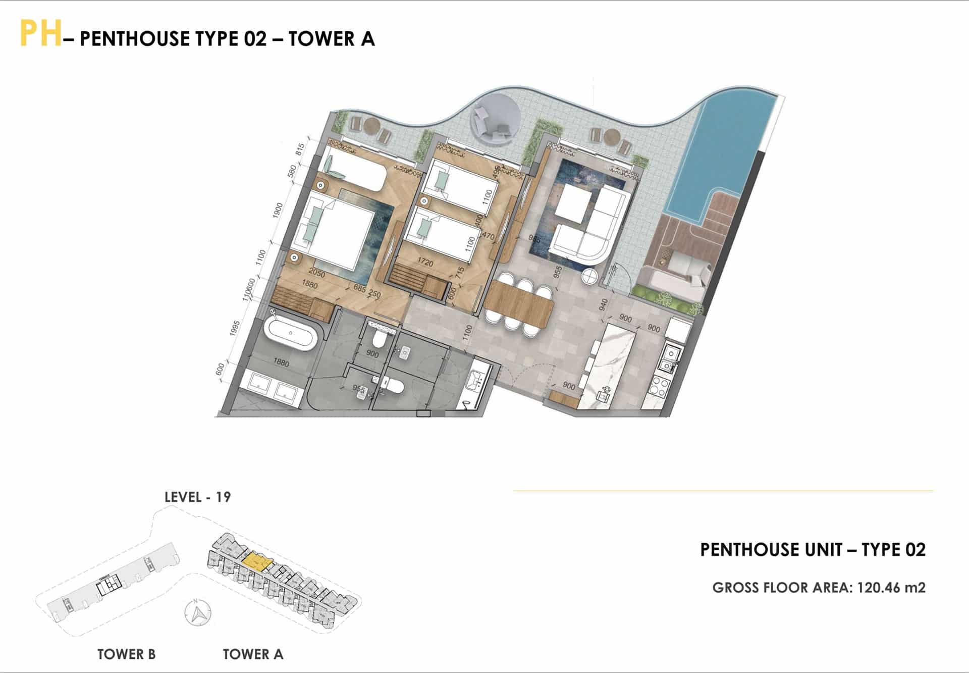 Layout penthouse Ixora Hồ Tràm 2 phòng ngủ có hồ bơi