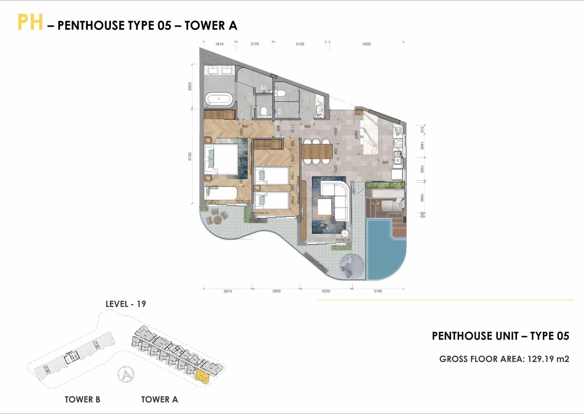 Layout penthouse Ixora Hồ Tràm 2 phòng ngủ có hồ bơi