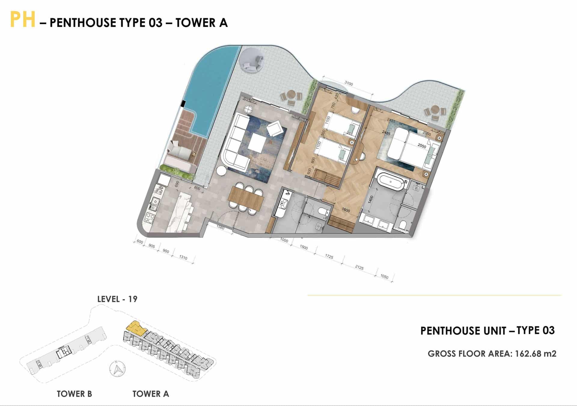 Layout penthouse Ixora Hồ Tràm 2 phòng ngủ có hồ bơi