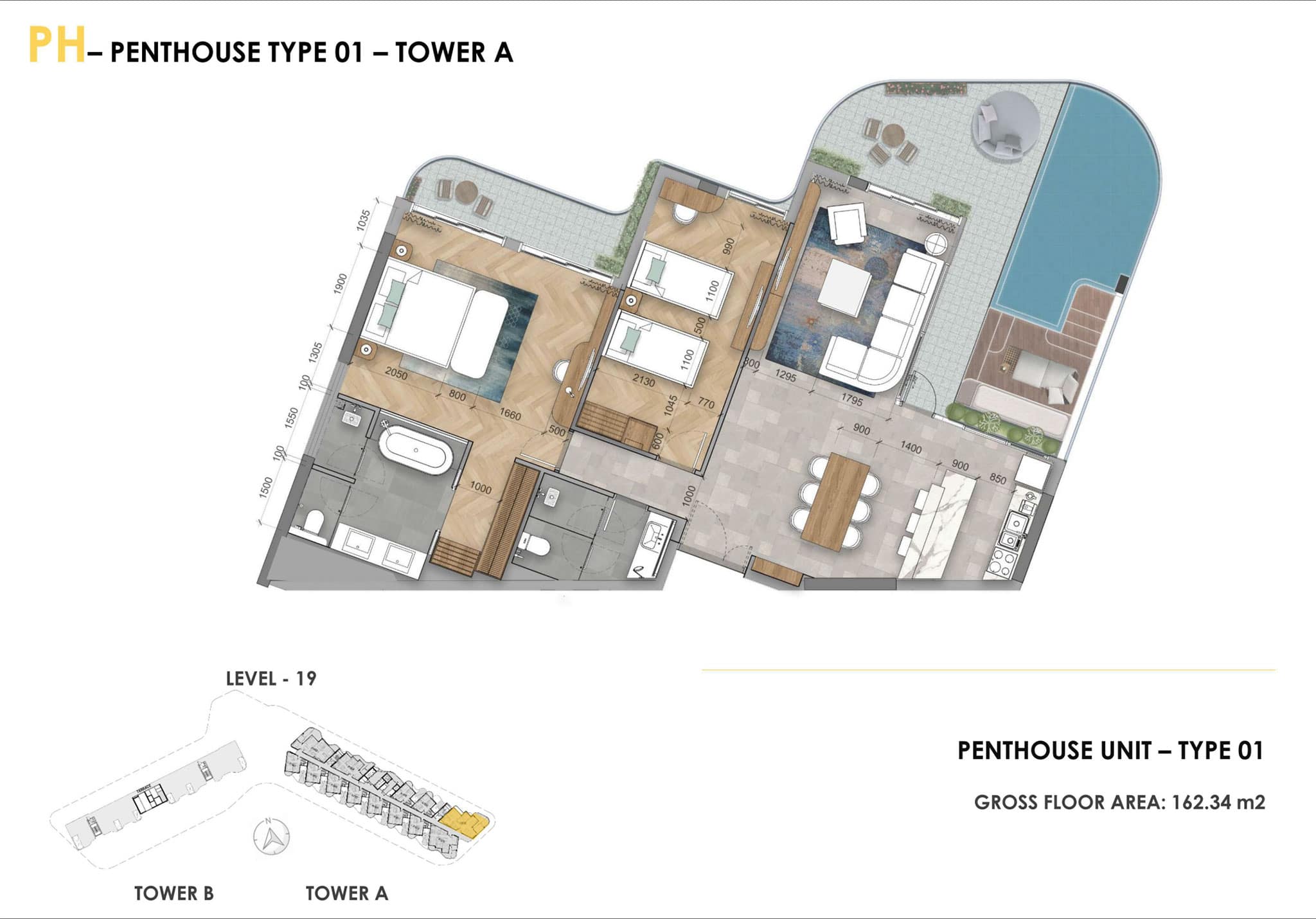 Layout penthouse Ixora Hồ Tràm 2 phòng ngủ có hồ bơi