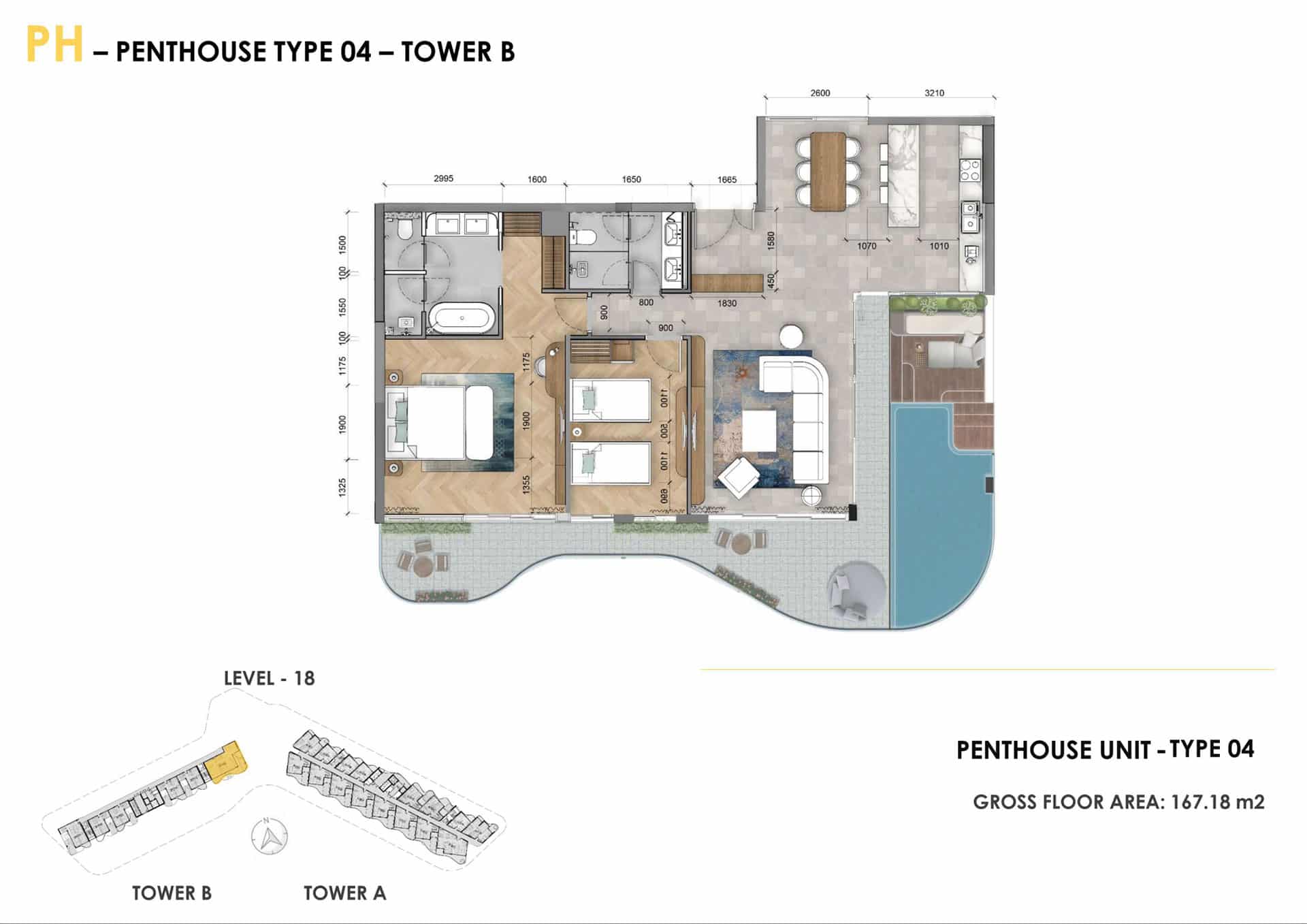 Layout penthouse Ixora Hồ Tràm 2 phòng ngủ có hồ bơi
