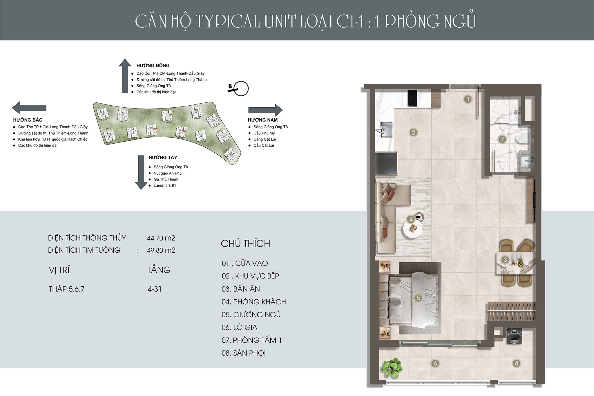Layout căn hộ The Privé 1 phòng ngủ