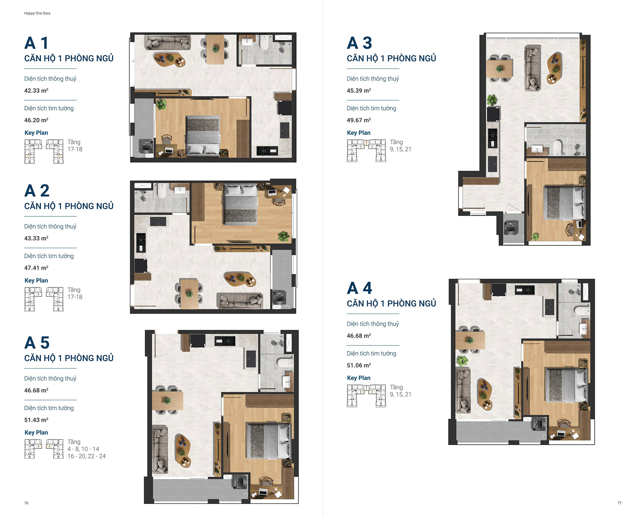 Layout căn hộ 1 phòng ngủ Happy One Sora
