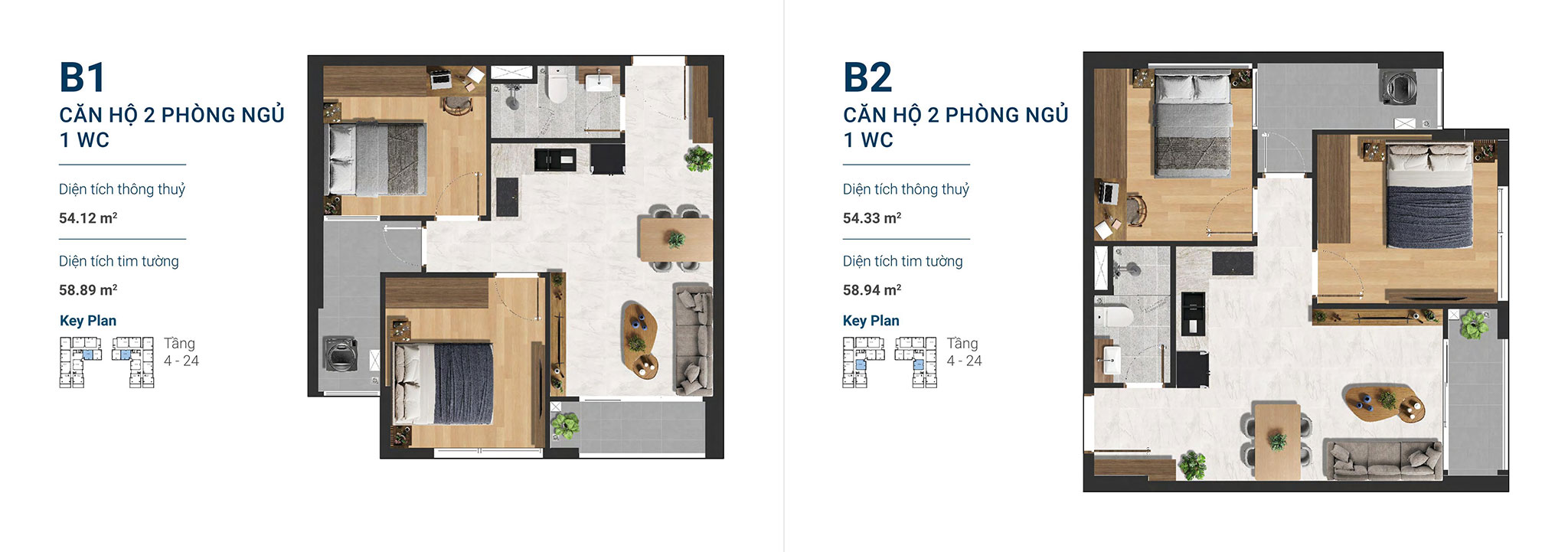 Layout căn hộ 2 phòng ngủ Happy One Sora