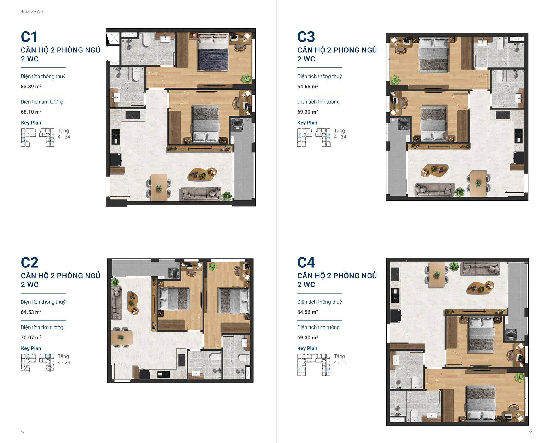 Layout căn hộ 2 phòng ngủ Happy One Sora 