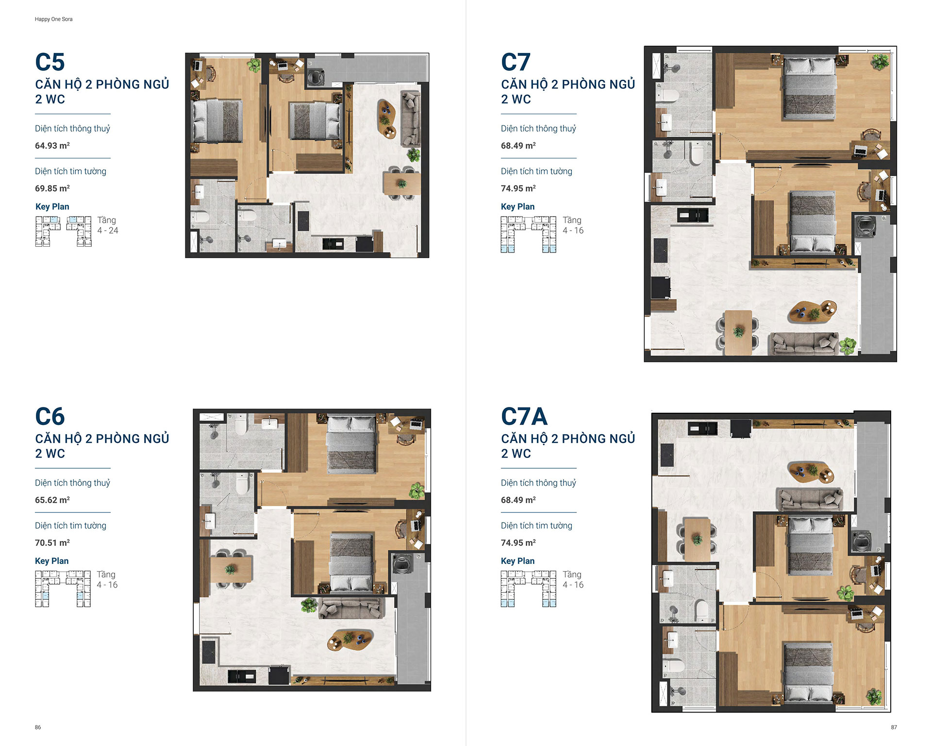 Layout căn hộ 2 phòng ngủ Happy One Sora 