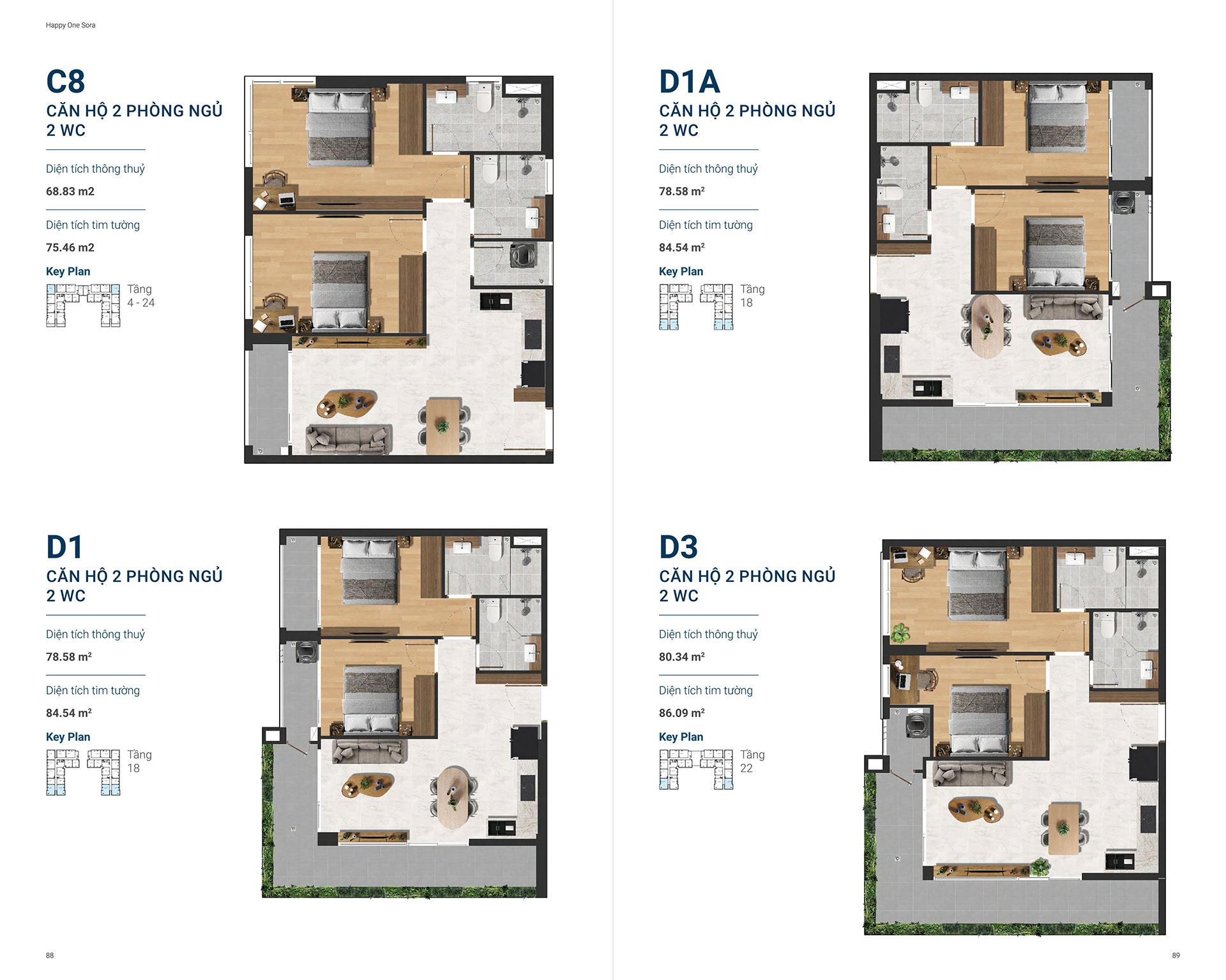 Layout căn hộ 2 phòng ngủ Happy One Sora