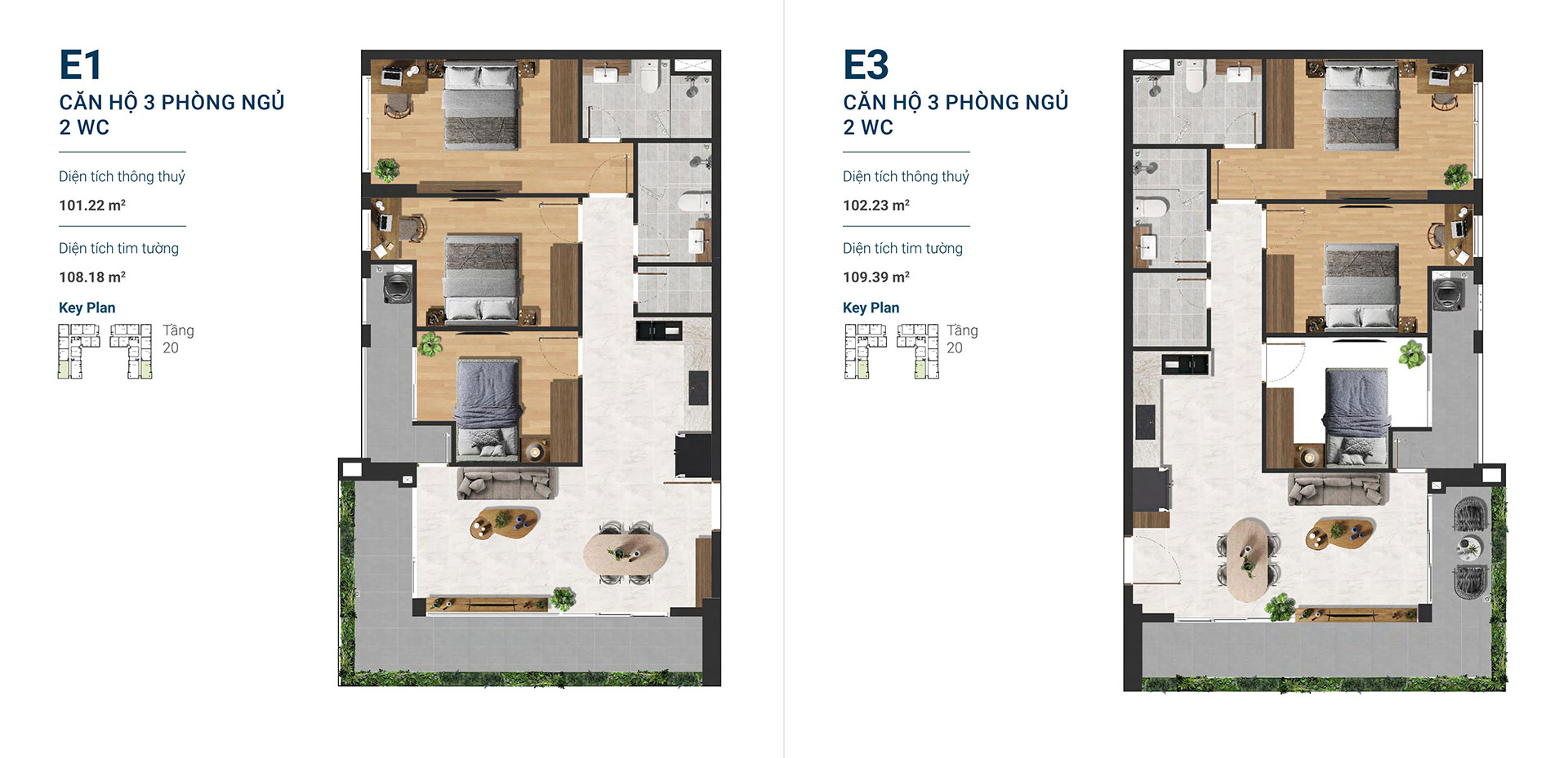 Layout căn hộ 3 phòng ngủ Happy One Sora