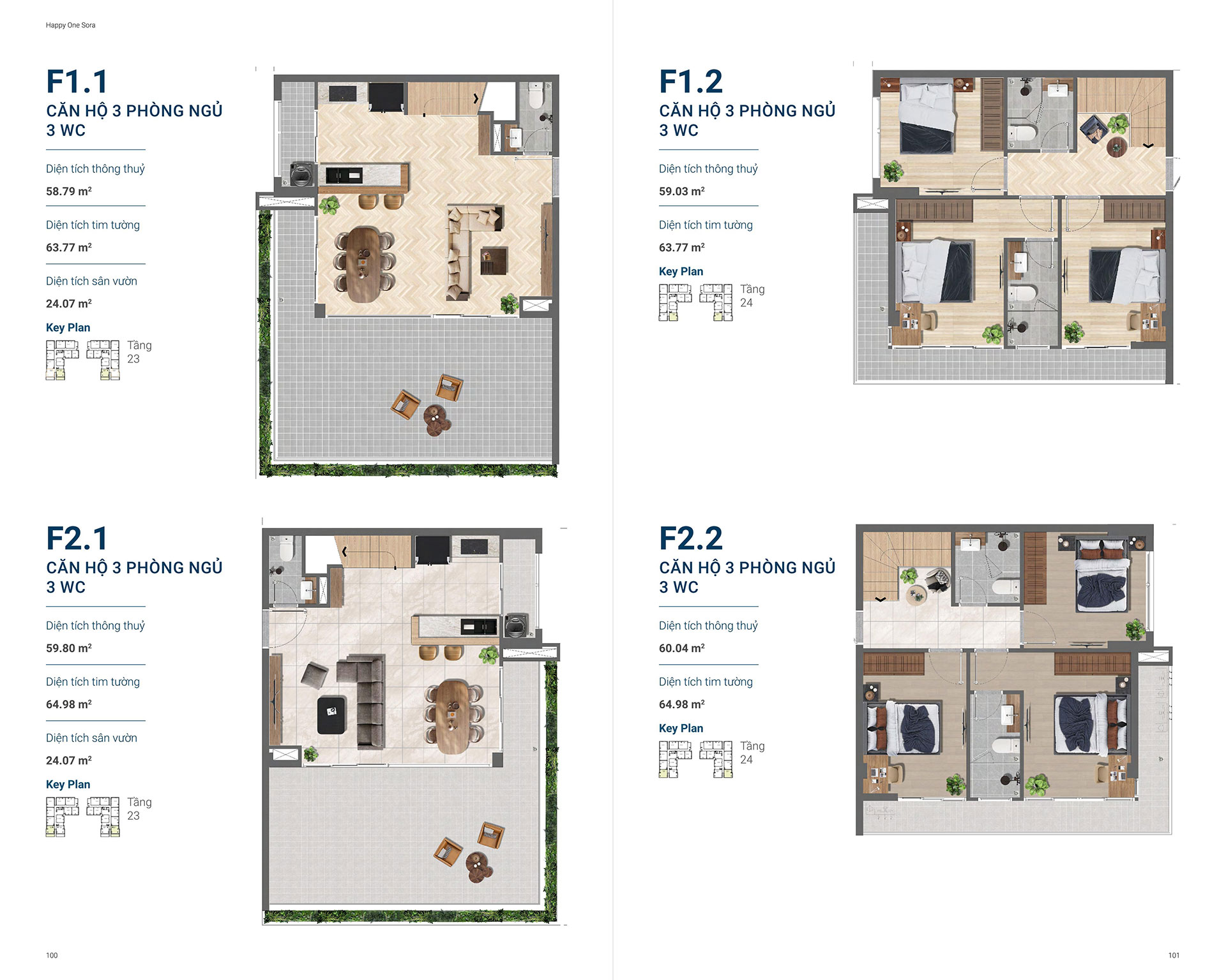 Layout căn hộ 3 phòng ngủ Happy One Sora