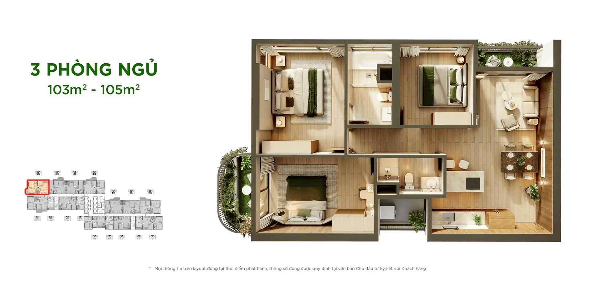 Layout thiết kế căn hộ 3 Phòng Ngủ tại Sky Retreat Residences