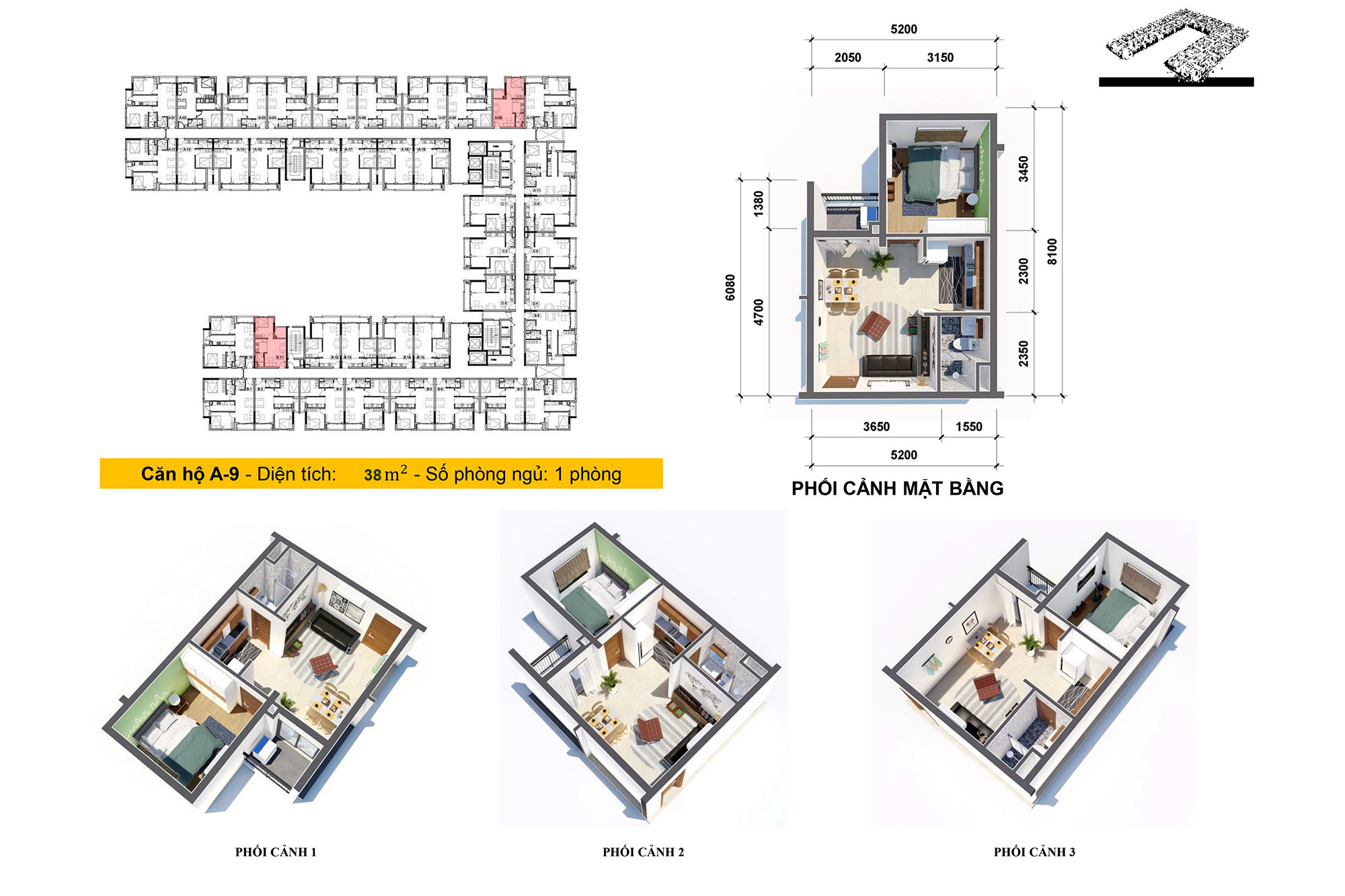 Loại căn hộ Osimi Phú Mỹ 38m2: 1 Phòng ngủ + 1 WC