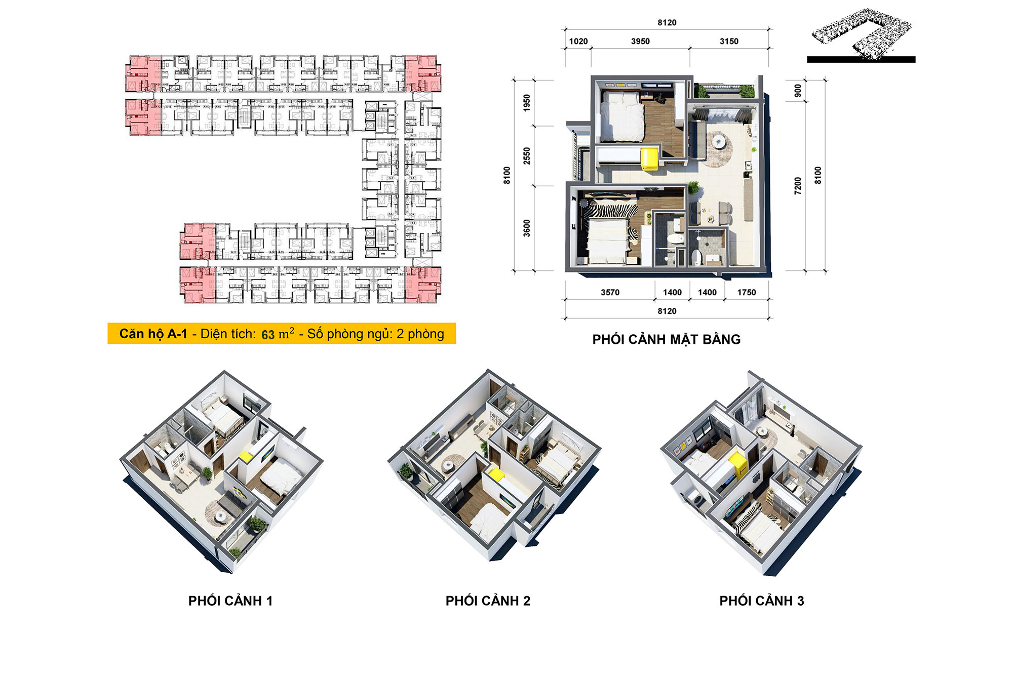 Căn hộ Osimi Phú Mỹ 63m2: 2 Phòng ngủ và + 2 WC.