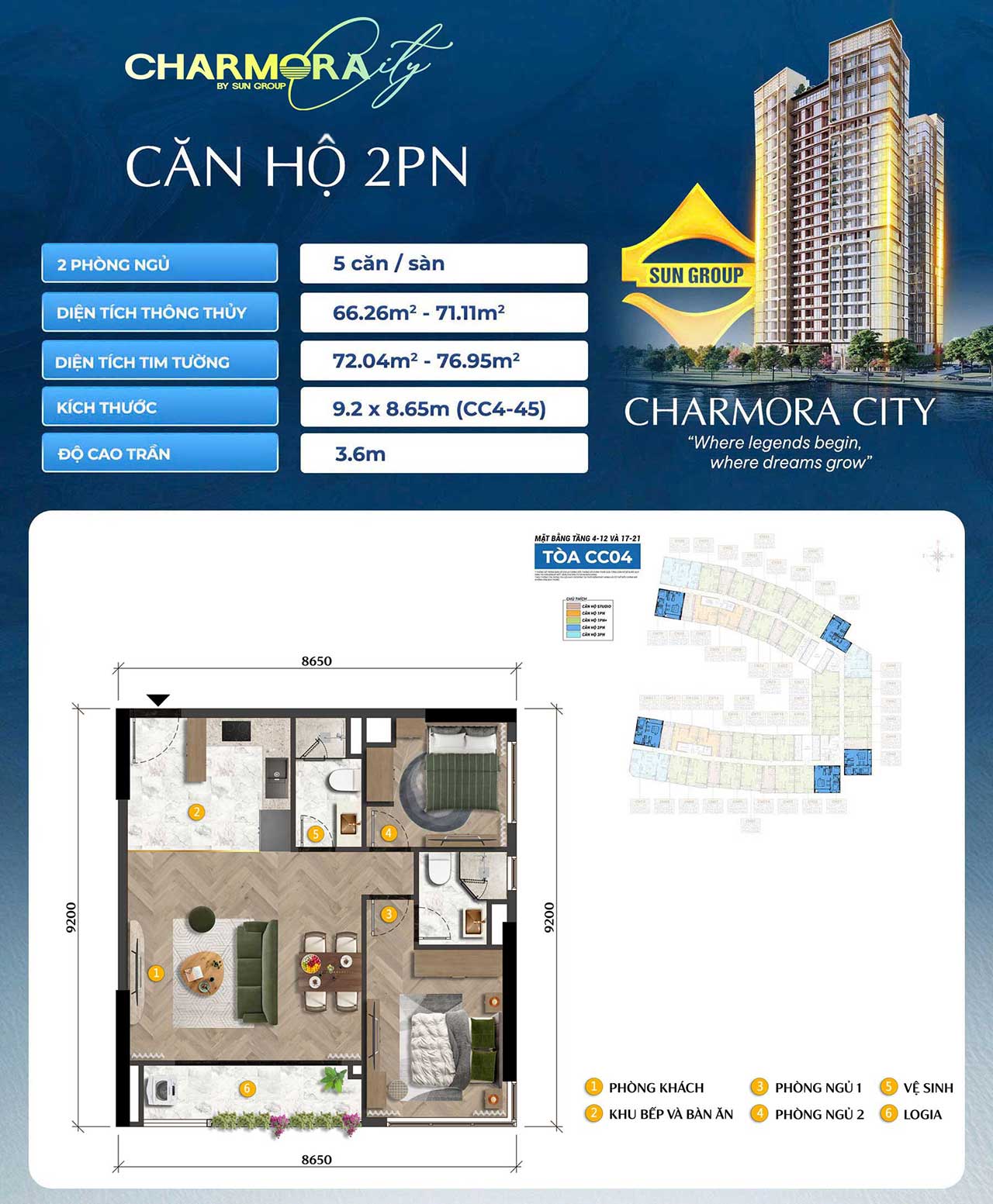 Layout Căn hộ 2 phòng ngủ Charmora City Nha Trang