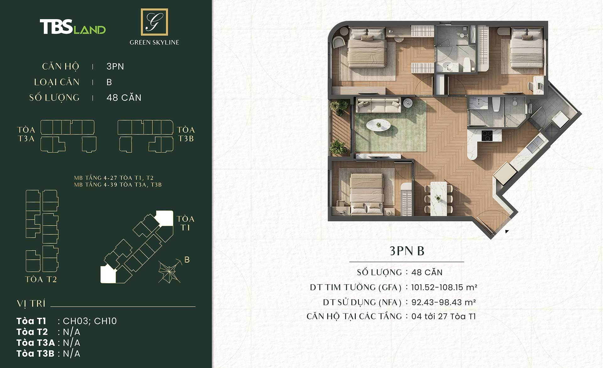 Căn hộ 1 phòng ngủ Green Skyline