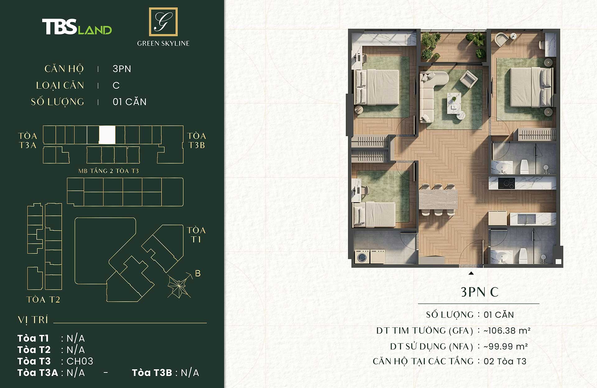 Căn hộ 1 phòng ngủ Green Skyline