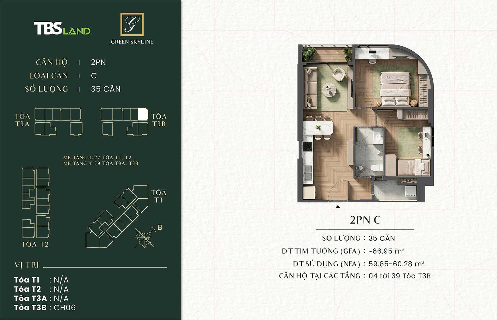 Căn hộ 2 phòng ngủ Green Skyline by TBS Land