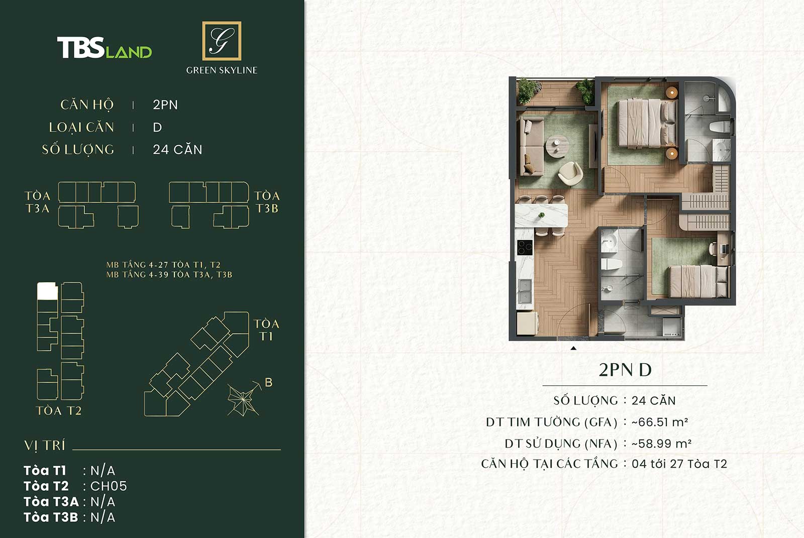Căn hộ 2 phòng ngủ Green Skyline by TBS Land