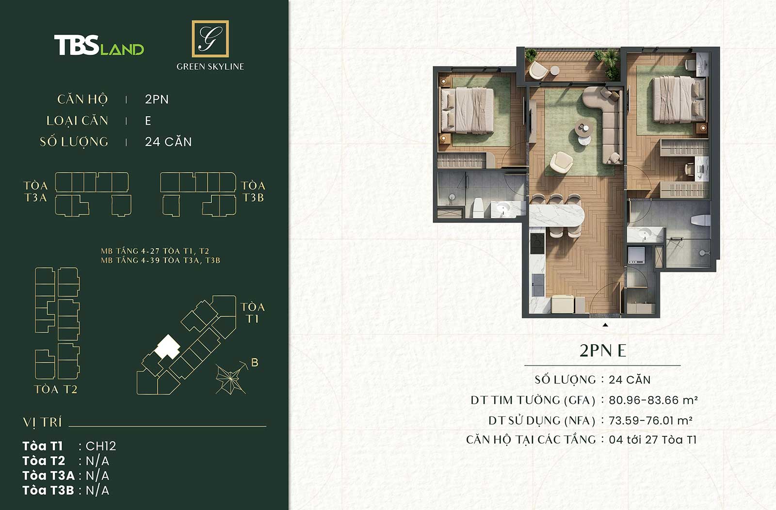 Căn hộ 2 phòng ngủ Green Skyline by TBS Land
