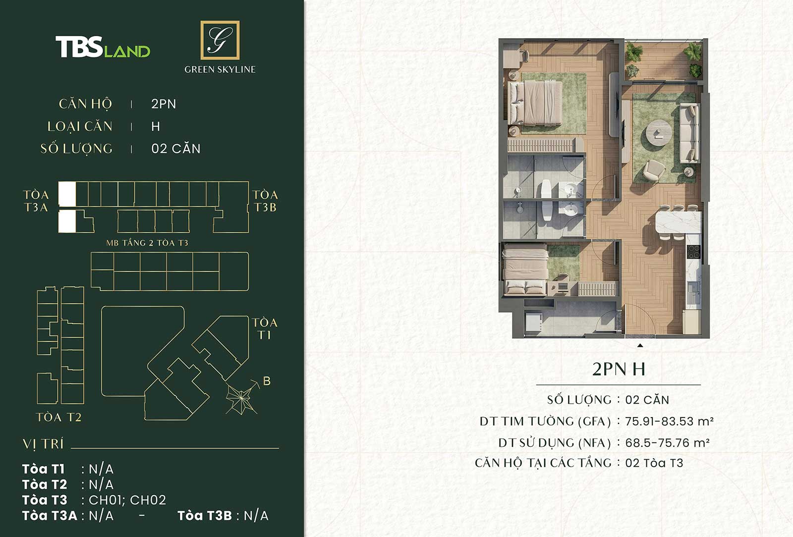 Căn hộ 2 phòng ngủ Green Skyline by TBS Land
