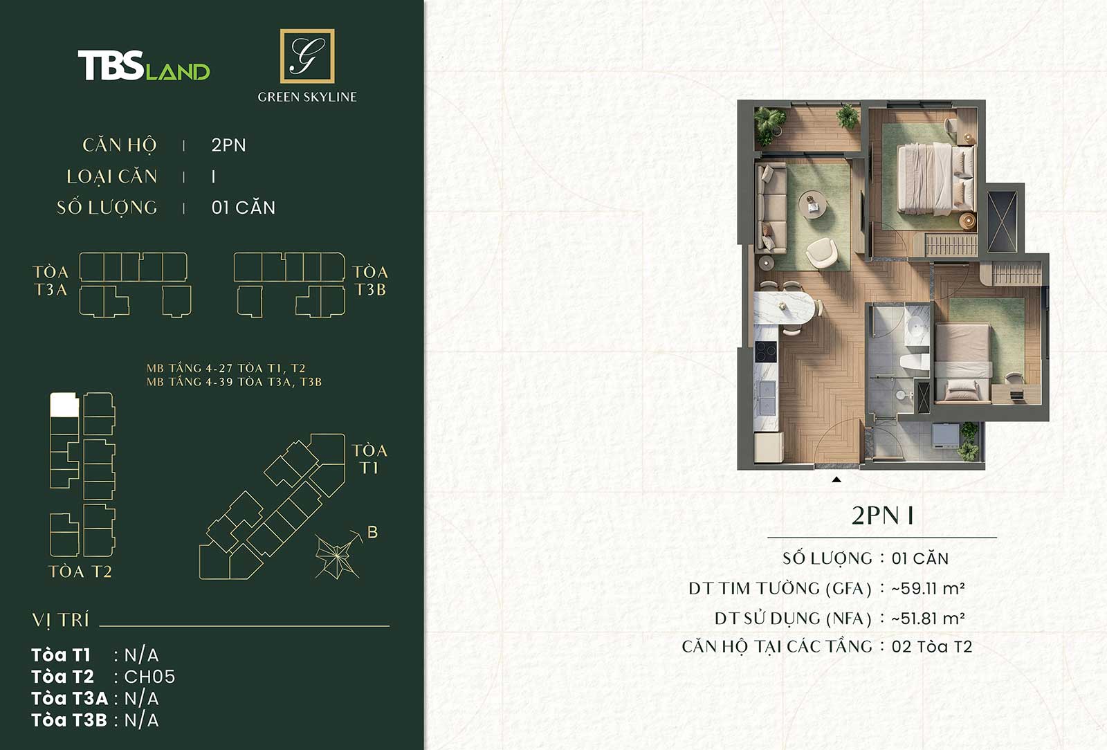 Căn hộ 2 phòng ngủ Green Skyline by TBS Land