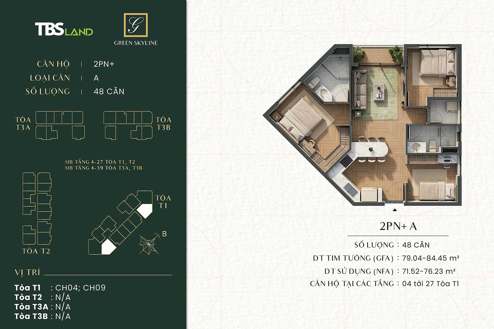 Căn hộ 2 phòng ngủ Green Skyline by TBS Land