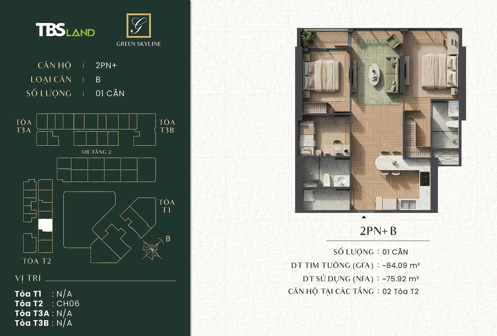 Căn hộ 2 phòng ngủ Green Skyline by TBS Land