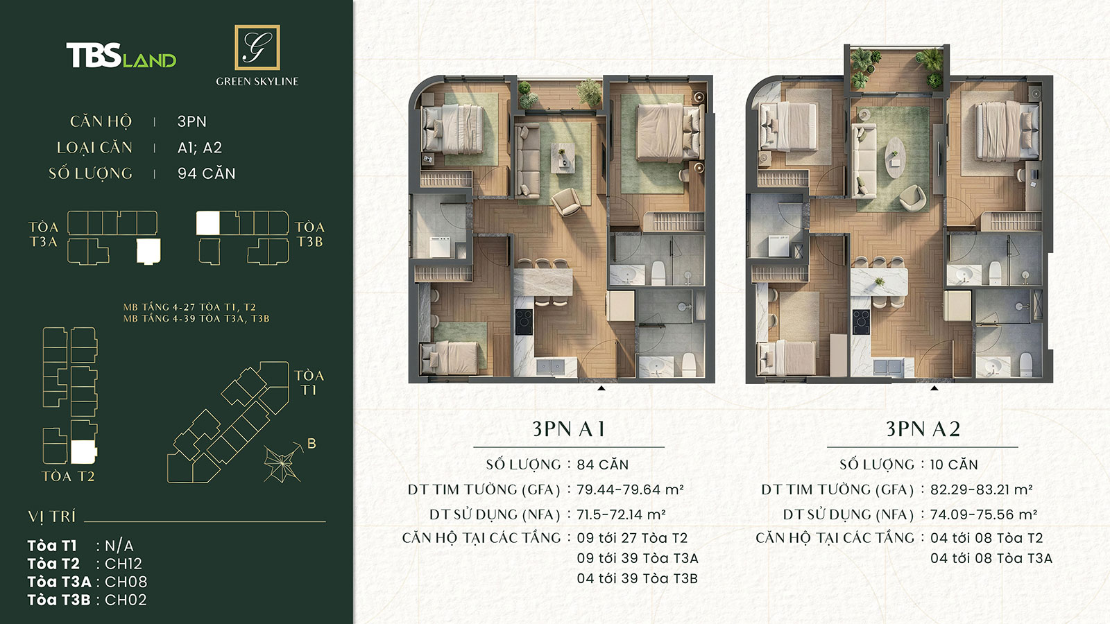 Căn hộ 3 phòng ngủ Green Skyline by TBS Land 