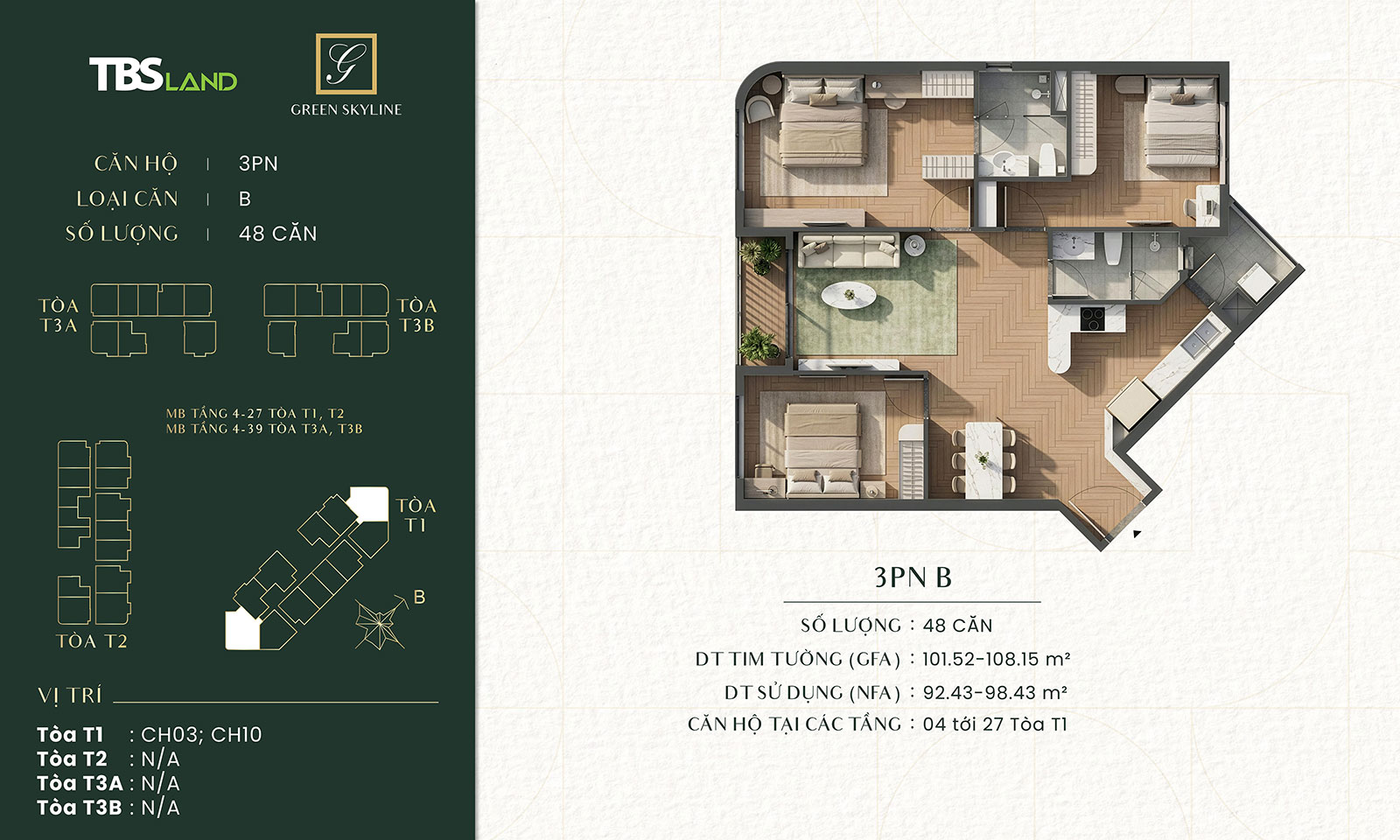 Căn hộ 3 phòng ngủ Green Skyline by TBS Land 