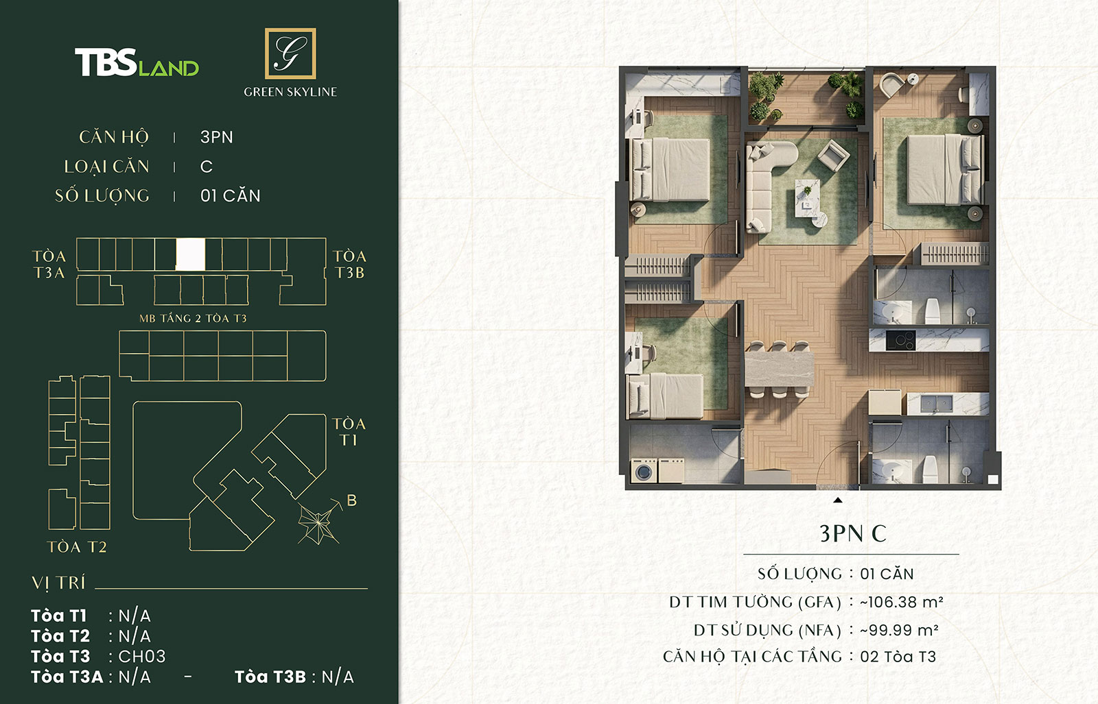 Căn hộ 3 phòng ngủ Green Skyline by TBS Land 