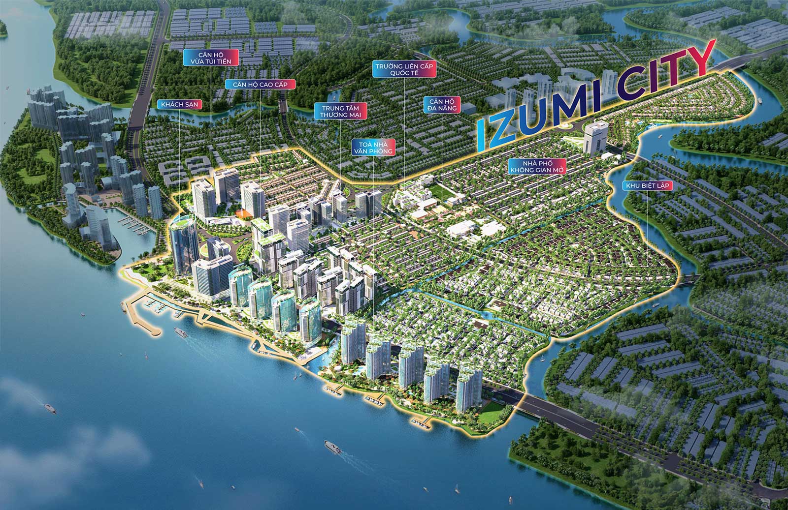 Toàn cảnh khu đô thị tích hợp Izumi City 170 ha bên sông Đồng Nai.