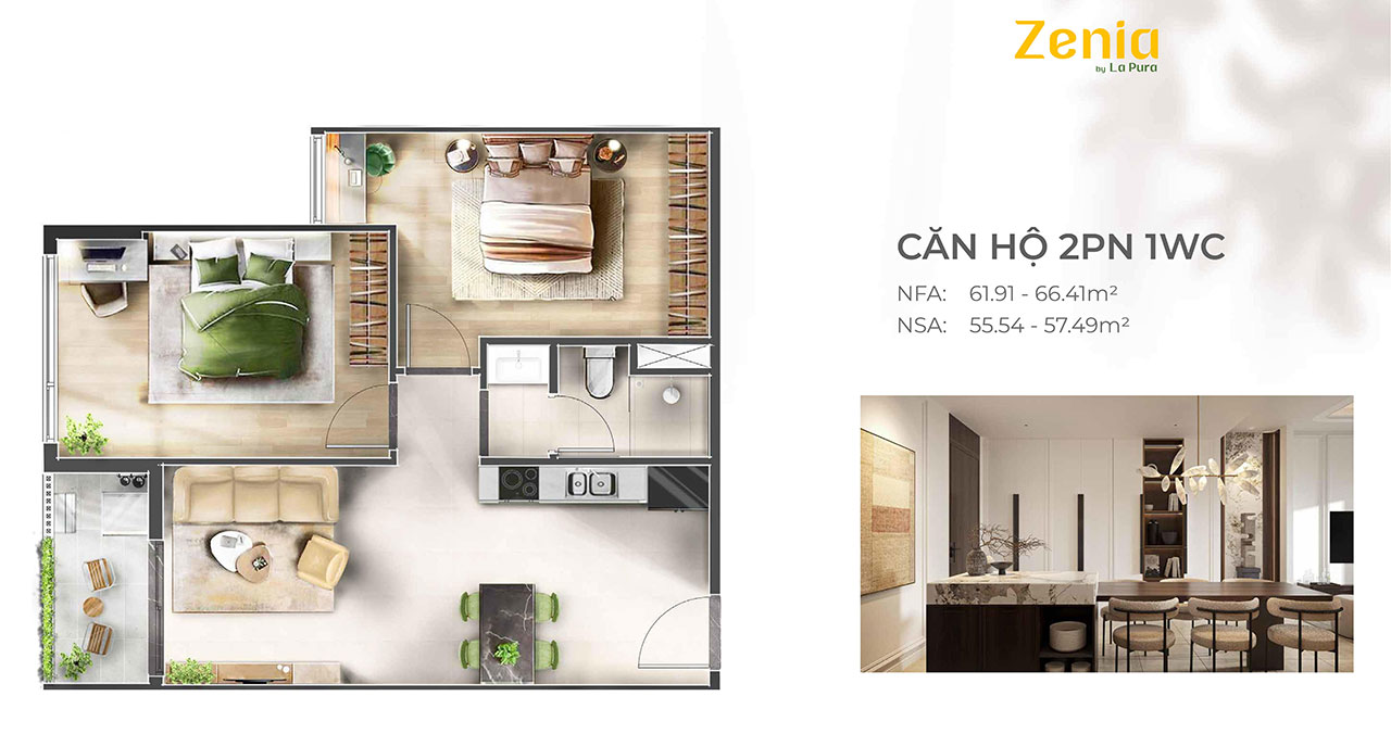 Layout căn hộ Zenia by La Pura 2 phòng ngủ