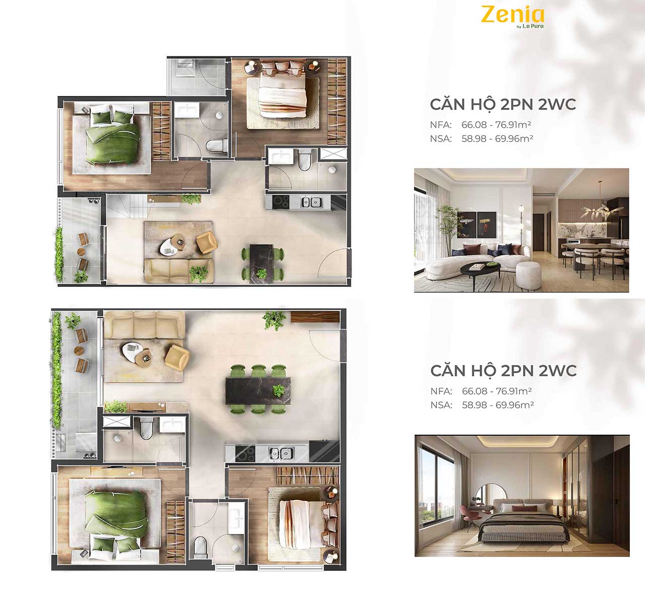 Layout căn hộ Zenia by La Pura 2 phòng ngủ