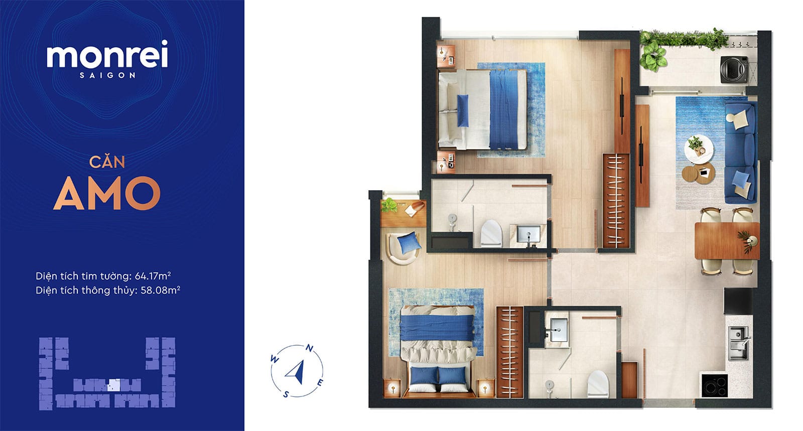 Layout căn hộ 2 phòng ngủ Monrei Saigon