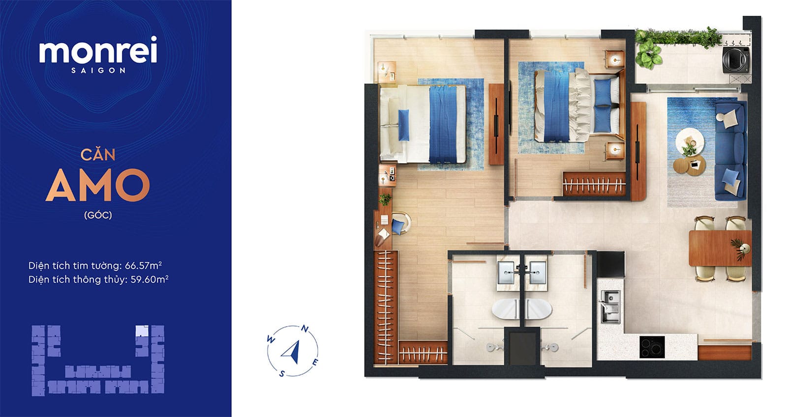 Layout căn hộ 2 phòng ngủ Monrei Saigon