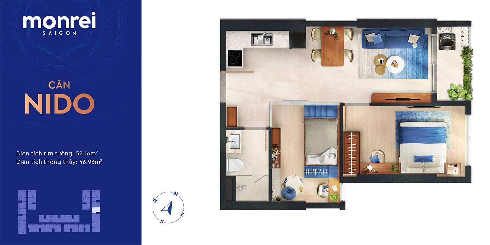 Layout căn hộ 1 phòng ngủ Monrei Saigon