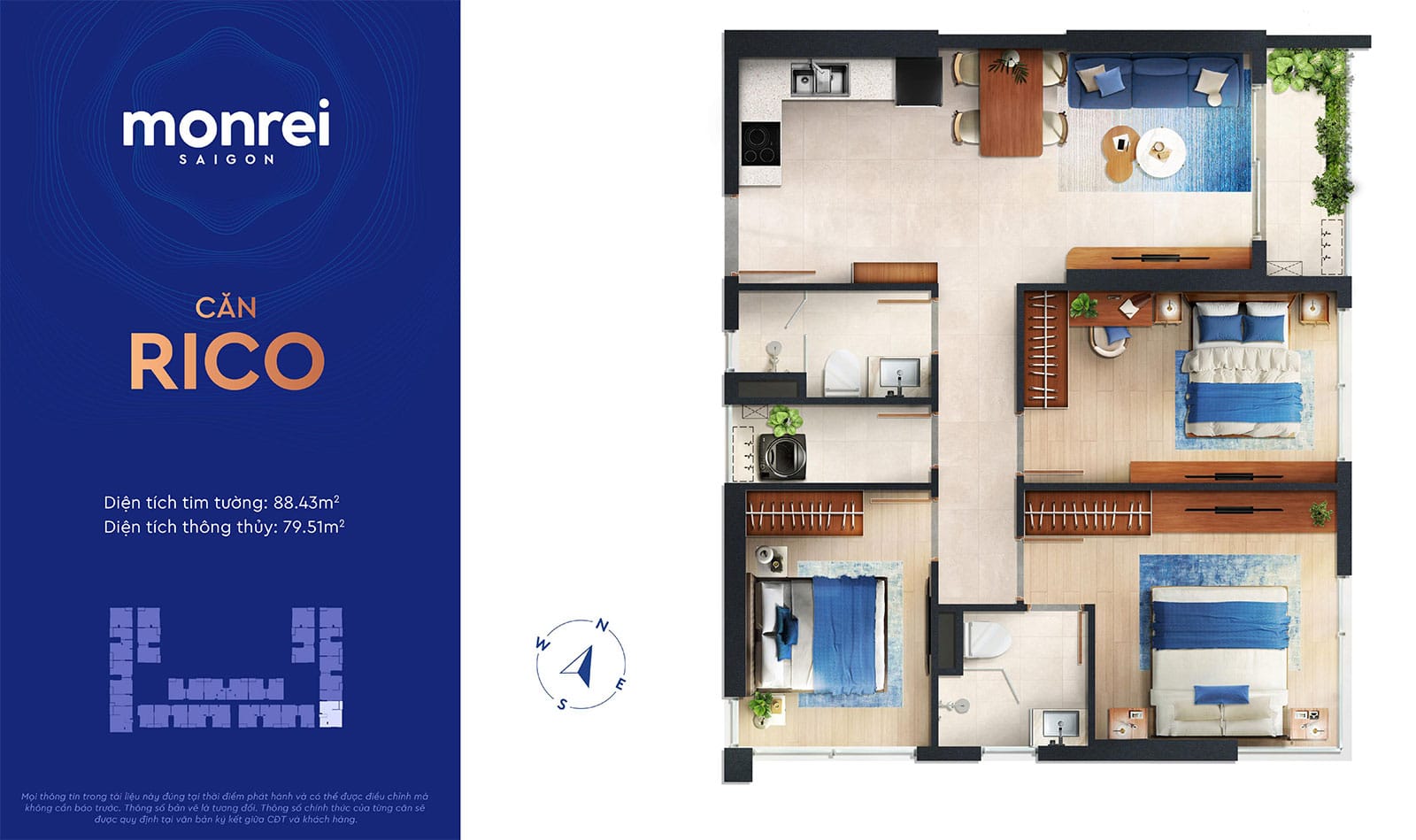 Layout căn hộ 3 phòng ngủ Monrei Saigon