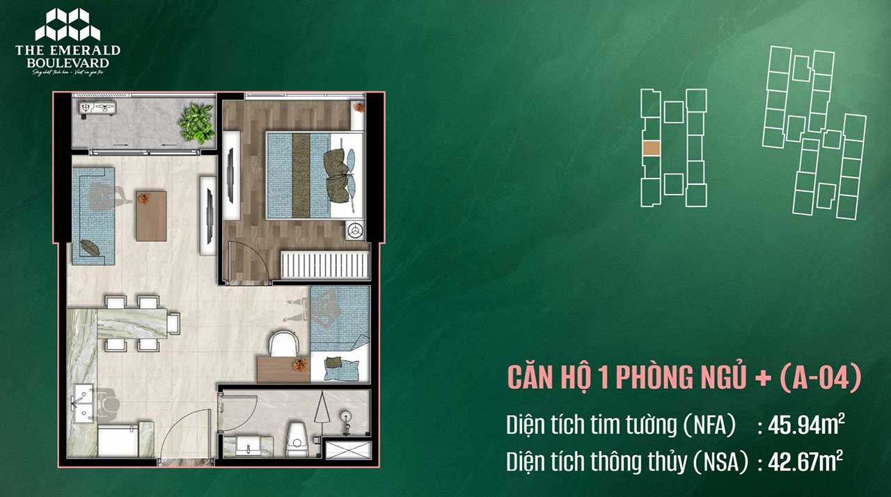 Layout căn hộ 2 phòng ngủ The Emerald Boulevard