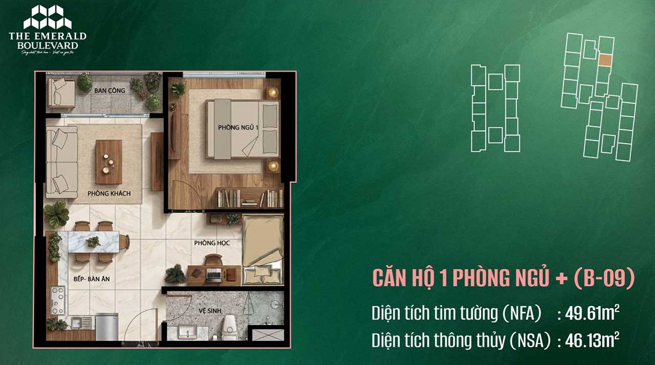 Layout căn hộ 1 phòng ngủ The Emerald Boulevard