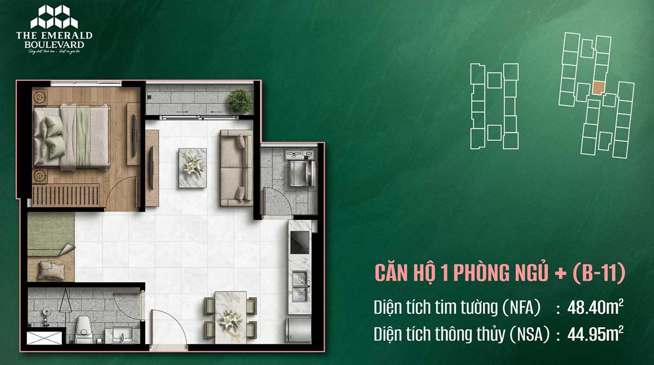 Layout căn hộ 1 phòng ngủ The Emerald Boulevard